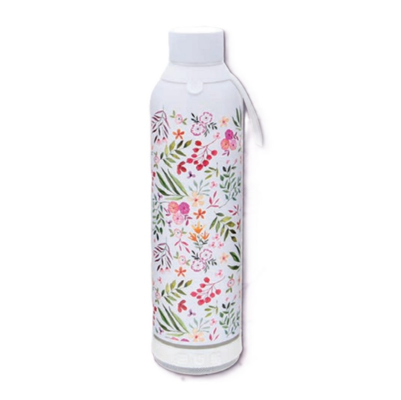 Borraccia termica bianca con speaker bluetooth integrato sul fondo, decorata a tema floreale in acciaio inox doppia parete da 600 ml
